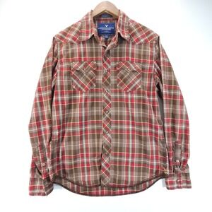 American Eagle Western Pearl Snap Shirt Men M Brown Red Plaid Vintage Fit Cotton